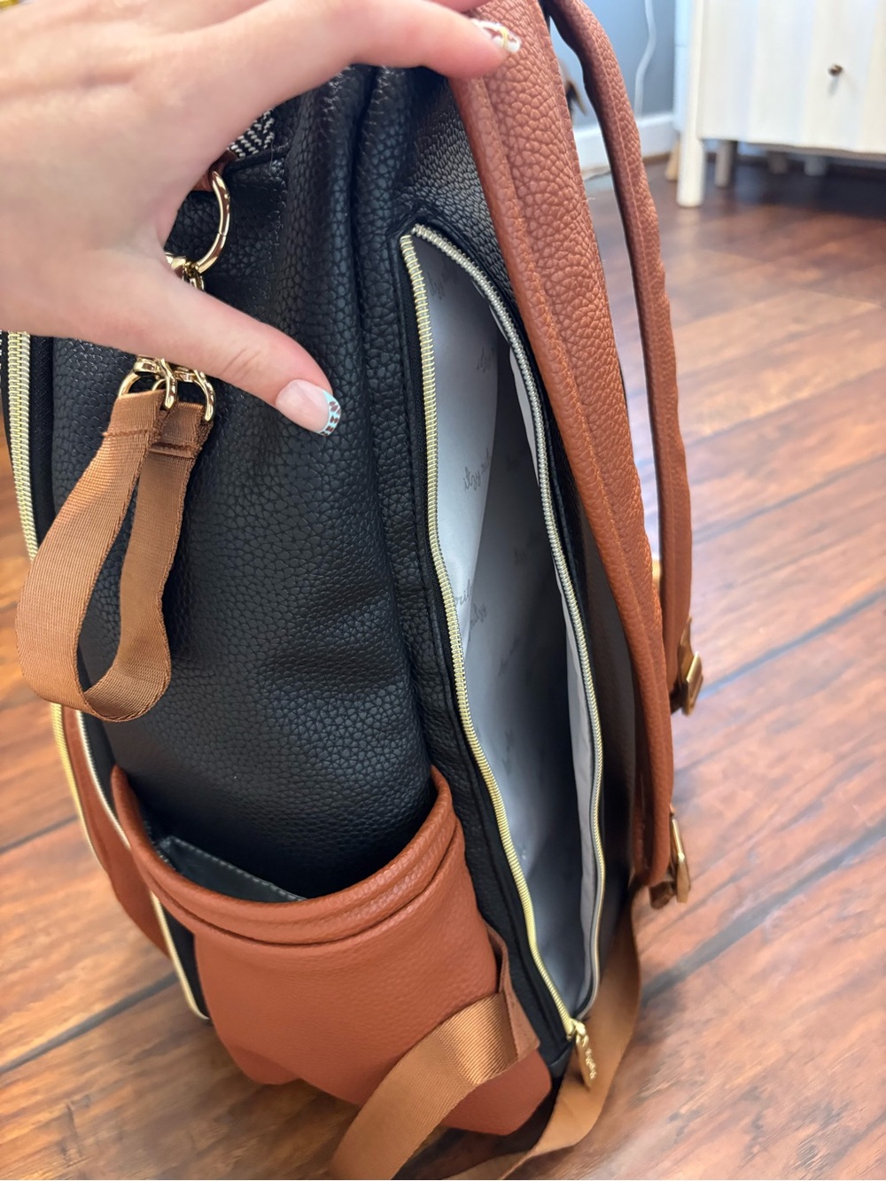 Itzy Ritzy Black Herringbone, White & Brown Backpack Purse - Picture 10 of 11